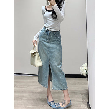 Women's Minimalist Hot Stamping Elastic Denim Skirt