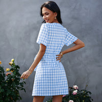 New Plaid Women's Fashion Bow V-neck Dress