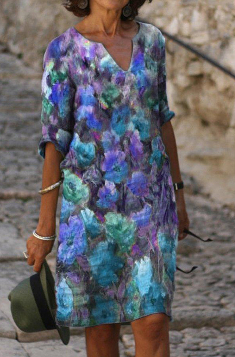 Printed V Neck Half Sleeve Multicolor Midi Dress
