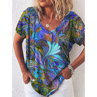 Summer Popular Floral Print Short-sleeved V-neck T-shirt For Women