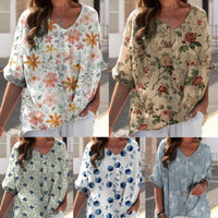 Printed V-neck 5 Points Drop-shoulder Sleeve Cotton And Linen Loose Casual Shirt
