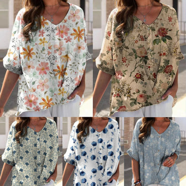 Printed V-neck 5 Points Drop-shoulder Sleeve Cotton And Linen Loose Casual Shirt