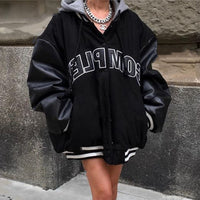 Black Hooded Quilted Baseball Jacket