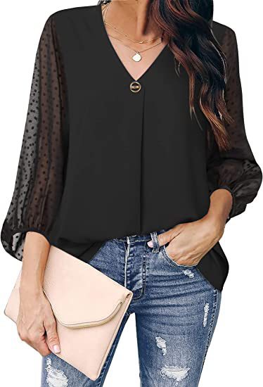 Women's Puff Sleeve V-neck Long Sleeve Shirt - Chic Angle