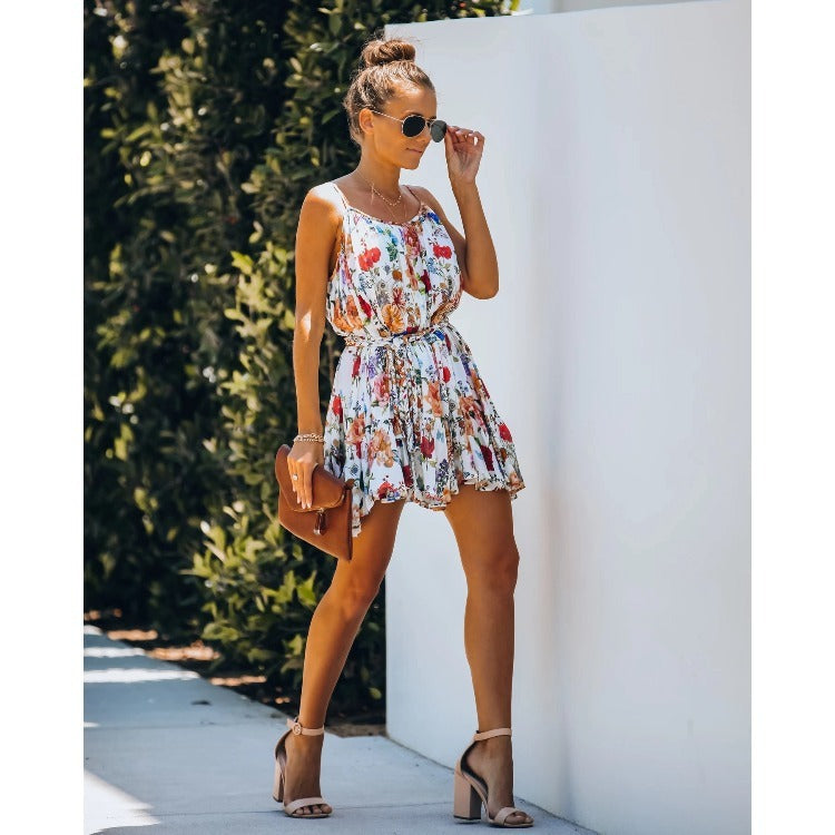 Summer Vacation Botanical Floral Print Belted Polyester Dress