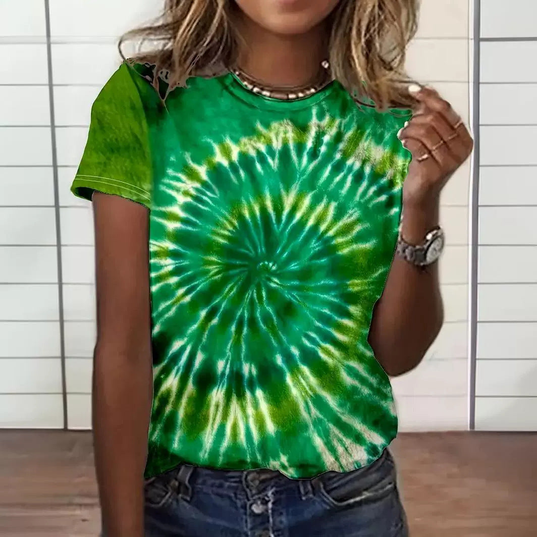 Spring And Summer Tie-dye Casual Round Neck Short Sleeves - Chic Angle