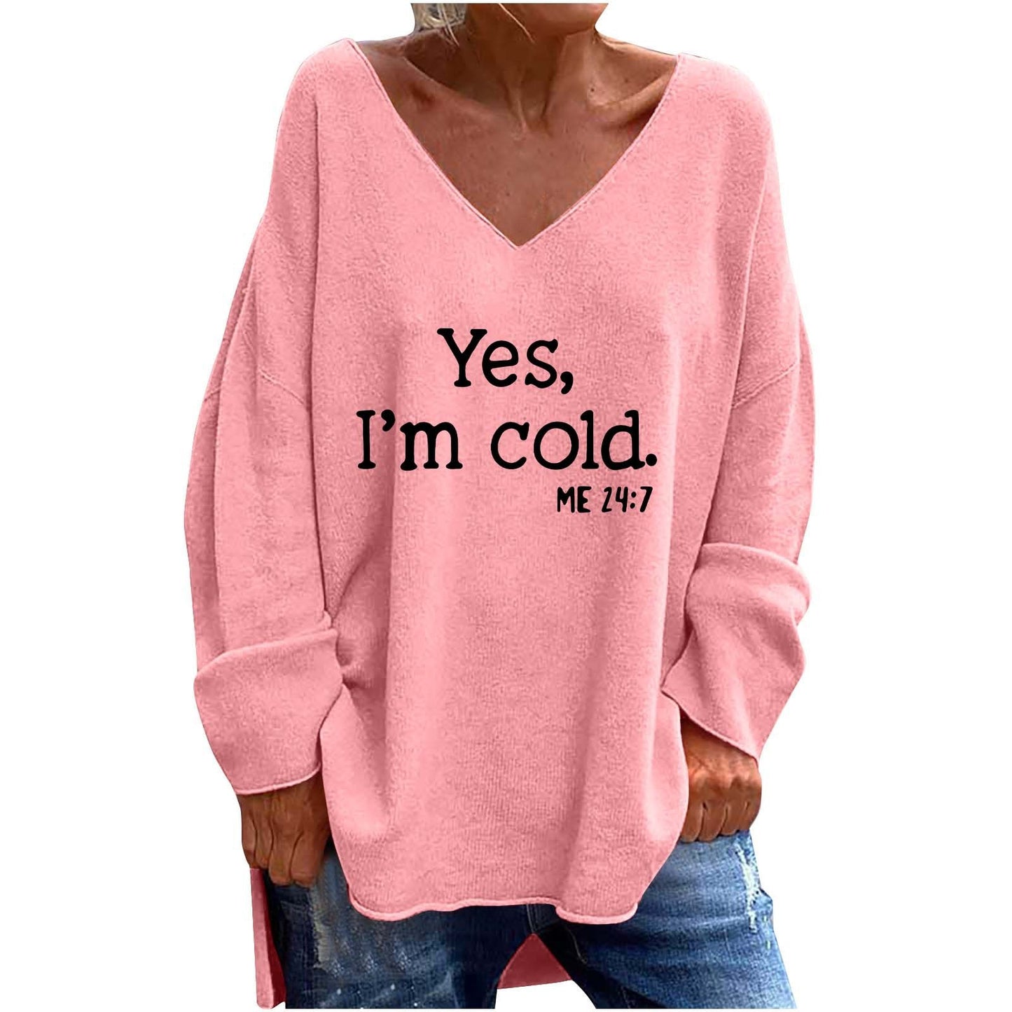Women's Solid Color And V-neck Loose Casual Long Sleeves Top