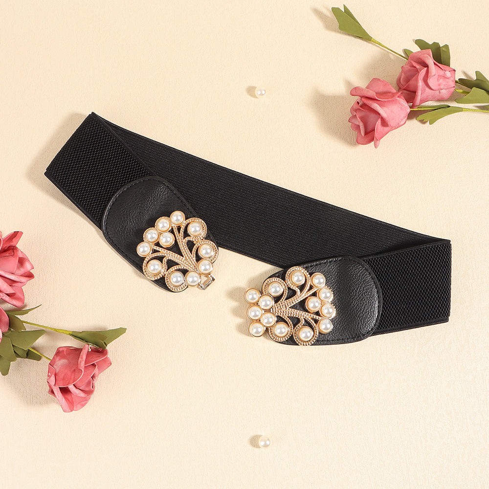 Elegant Ladies Elastic Wide Belt Pearl Metal Buckle Elastic Belt Suit Jacket Dress Multi-colored Belt