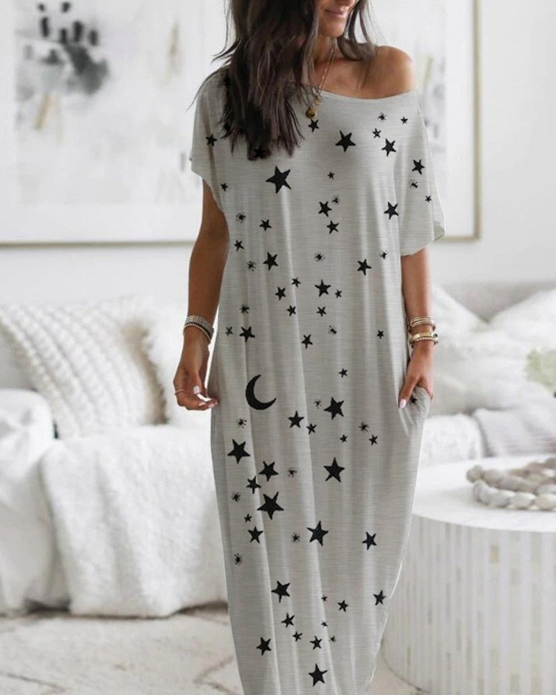 Women's Round Neck Short Sleeve Loose Midi Dress
