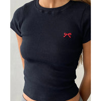 Round Neck Pullover Short Sleeve Butterfly Exquisite Embroidered Top - Chic Angle