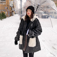 Women's Waist Thickening Lining Stitching Pu Leather Coat Jacket