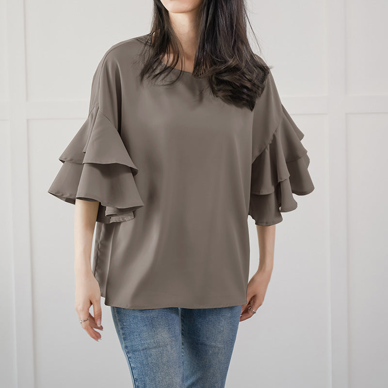 Women's Double-layer Ruffle Sleeve Round Neck Shirt