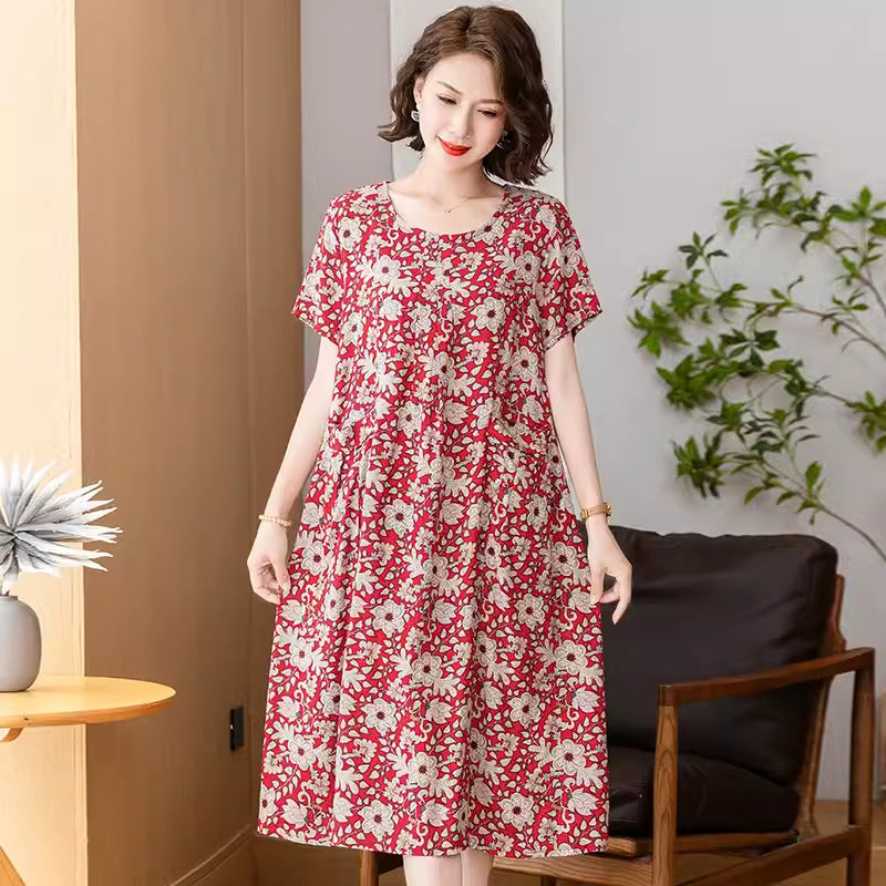 Middle-aged And Elderly Women's Cotton Silk Printing Maxi Dress