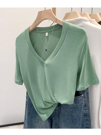 V-neck Shoulder Short-sleeved T-shirt Women's Fashion Small Top