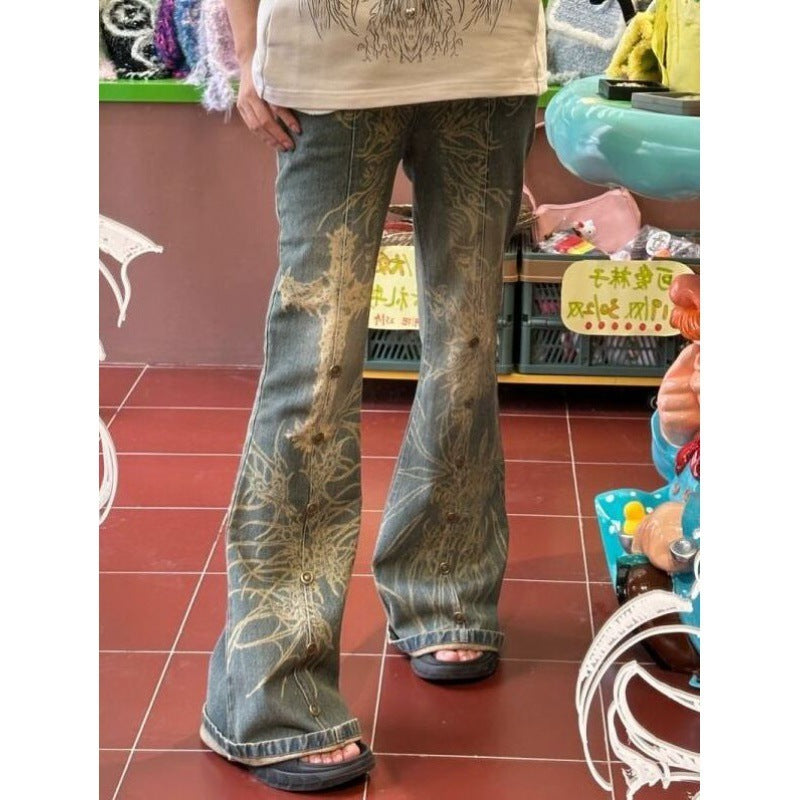 Women's Plus Size Washed Old Tattoo Slightly Flared Jeans