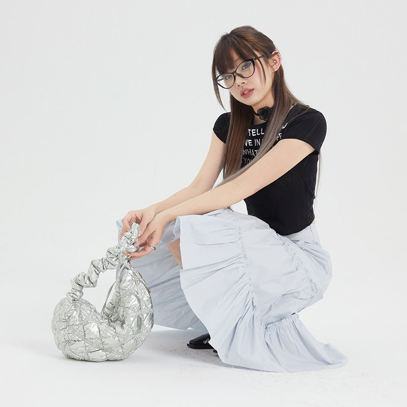 Ice Blue Pleated A- Line Ruffled Tiered Skirt