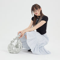 Ice Blue Pleated A- Line Ruffled Tiered Skirt