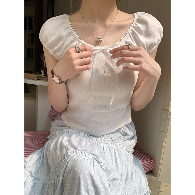 Slim-fit Crop-top Small Floral Flounce Trim Lace Up Short Sleeve
