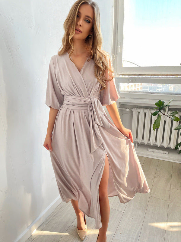 Women's Solid Color And V-neck Lantern Sleeve Waist-tight Maxi Self-tie Slit Dress