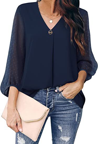 Women's Puff Sleeve V-neck Long Sleeve Shirt - Chic Angle