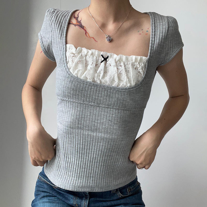 French Square Collar Lace Bow Shoulder Slimming T-shirt