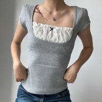 French Square Collar Lace Bow Shoulder Slimming T-shirt