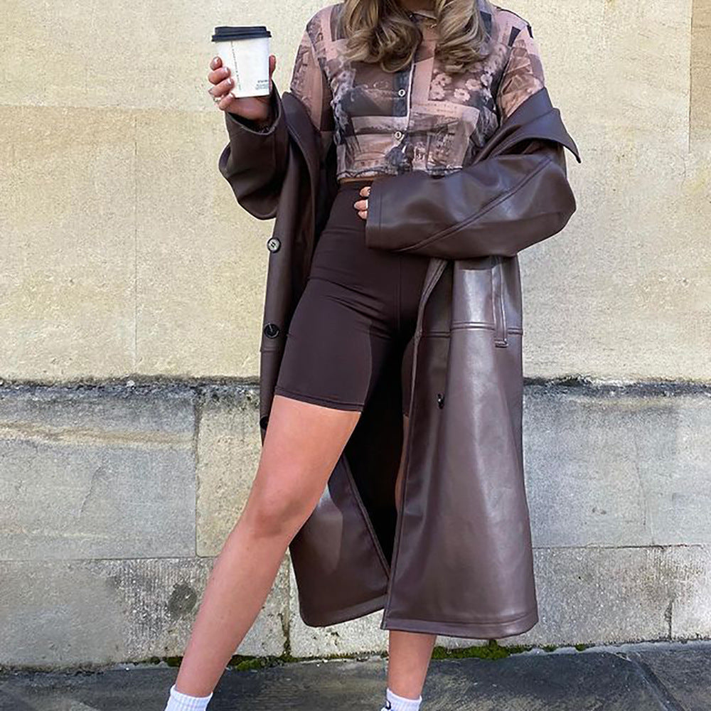 Retro Coat Women's Long Temperament PU Leather Jacket