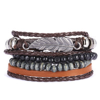 New Men's Leather Suit Creative Leaves Wooden Bead Woven Adjustable Suit Bracelet - Chic Angle