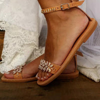 New Women's Word Buckle Strap Fashion Rhinestone Flat Large Size Sandals
