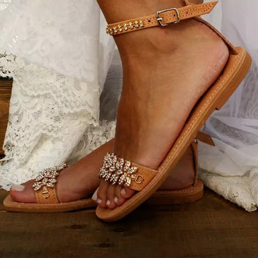 New Women's Word Buckle Strap Fashion Rhinestone Flat Large Size Sandals