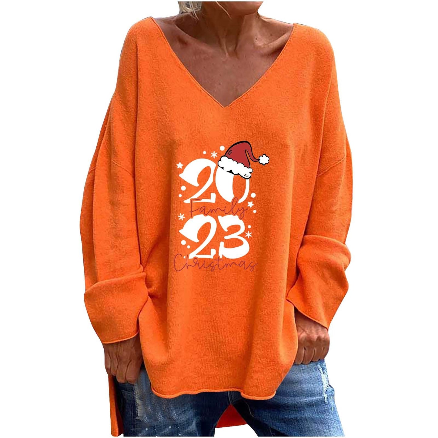 Women's Solid Color And V-neck Loose Casual Long Sleeves Top