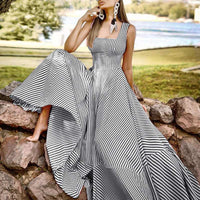 Women's Fashion Square Neck Slim Fit Casual Vacation Striped Big Swing Dress