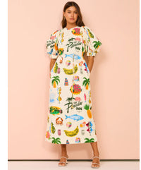 European And American Spring And Summer New Casual Five-point Puff Sleeve Dress INS Loose Vacation Dress For Women