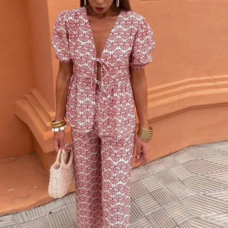 Summer Printed Pleated Women's Pants Suit Hollow Out Suit - Chic Angle