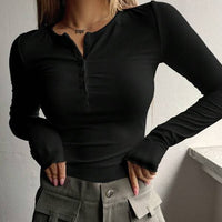 Women's Half Button Threaded Long Sleeve T-shirt - Chic Angle