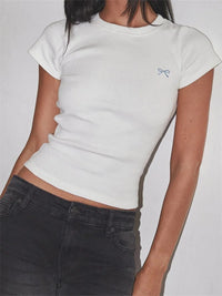 Round Neck Pullover Short Sleeve Butterfly Exquisite Embroidered Top - Chic Angle