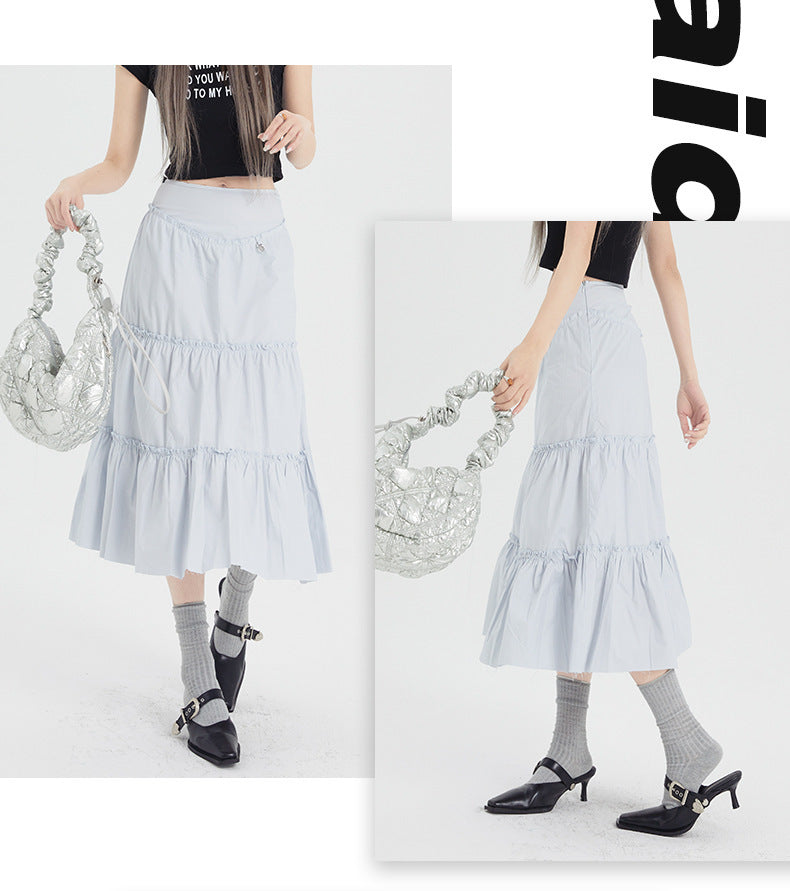 Ice Blue Pleated A- Line Ruffled Tiered Skirt