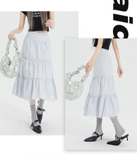 Ice Blue Pleated A- Line Ruffled Tiered Skirt