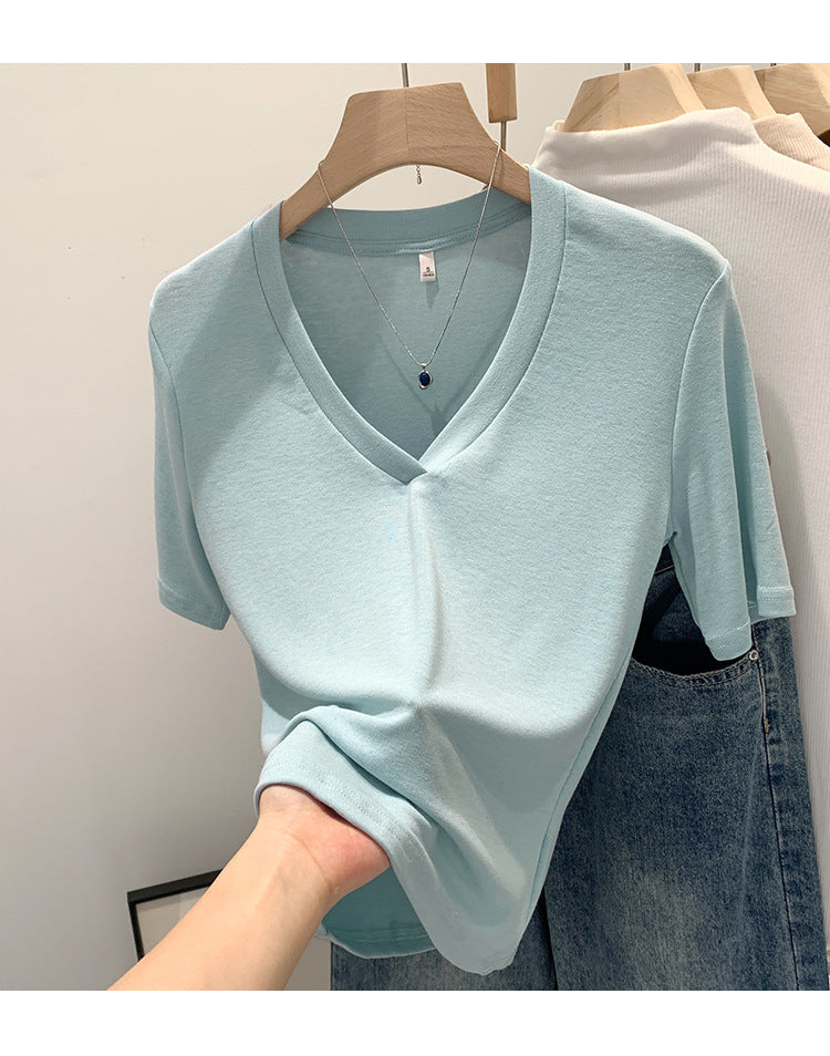 V-neck Shoulder Short-sleeved T-shirt Women's Fashion Small Top