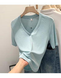 V-neck Shoulder Short-sleeved T-shirt Women's Fashion Small Top