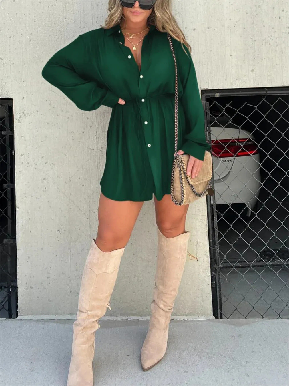 Women's Long Sleeve Jumpsuit With Button Fashion Shirt Dress - Chic Angle