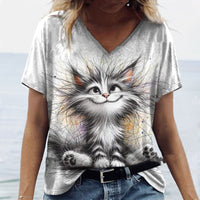 Women's Summer Cat Print Casual Short-sleeved 3d T-shirt Casual Clothing Round Shirt