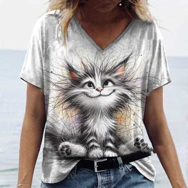 Women's Summer Cat Print Casual Short-sleeved 3d T-shirt Casual Clothing Round Shirt