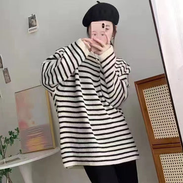 Casual Striped Round Neck Lazy Pullover Loose Retro Simple