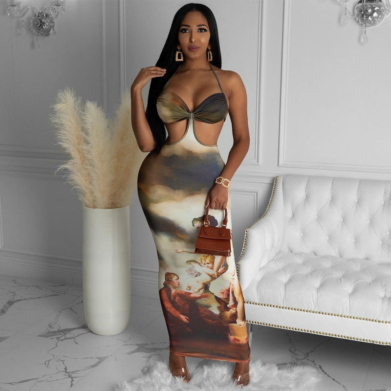 Halterneck Camisole Waist Cutout Print Maxi Dress