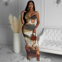 Halterneck Camisole Waist Cutout Print Maxi Dress