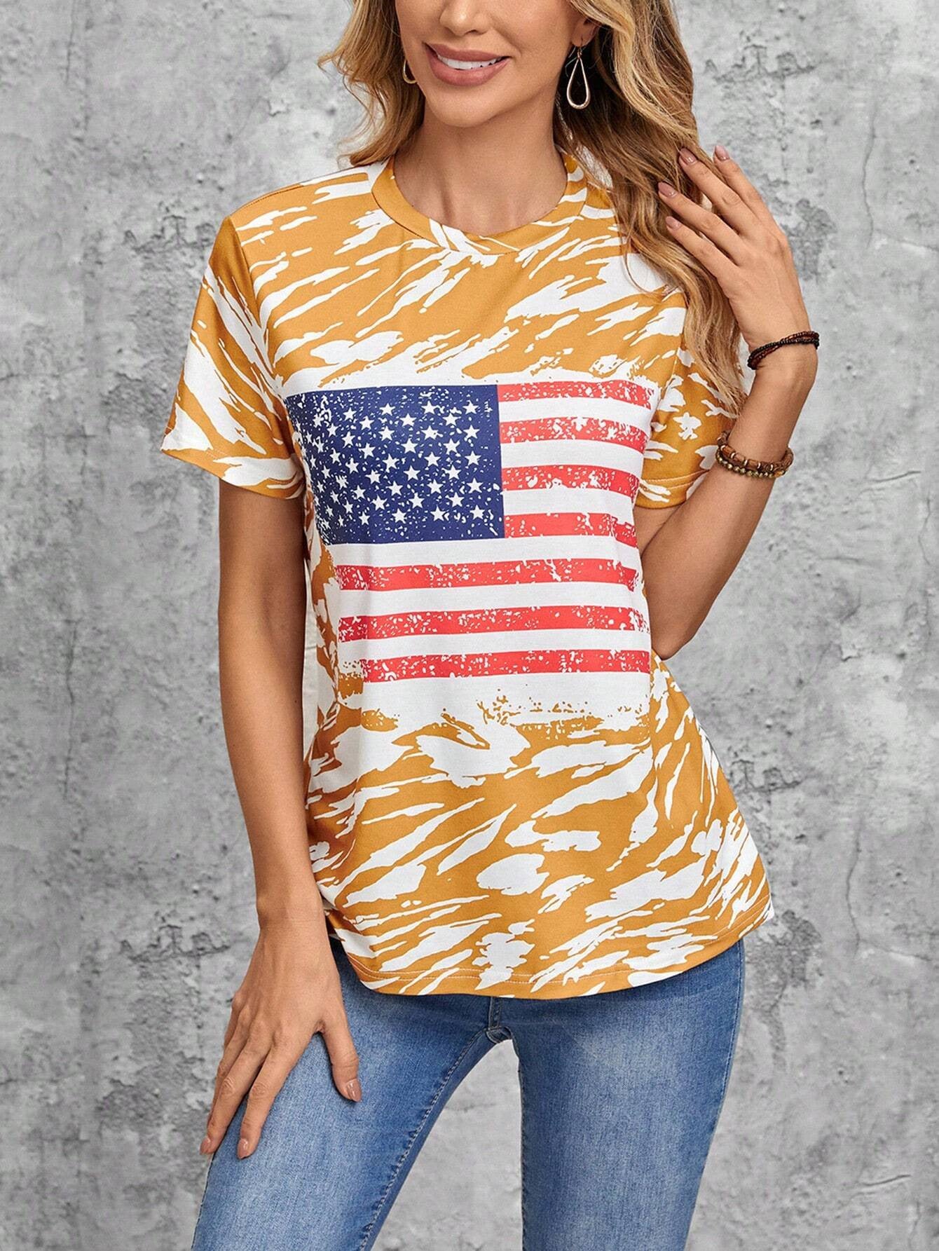 Flag Print T-shirt Crew Neck Casual - Chic Angle