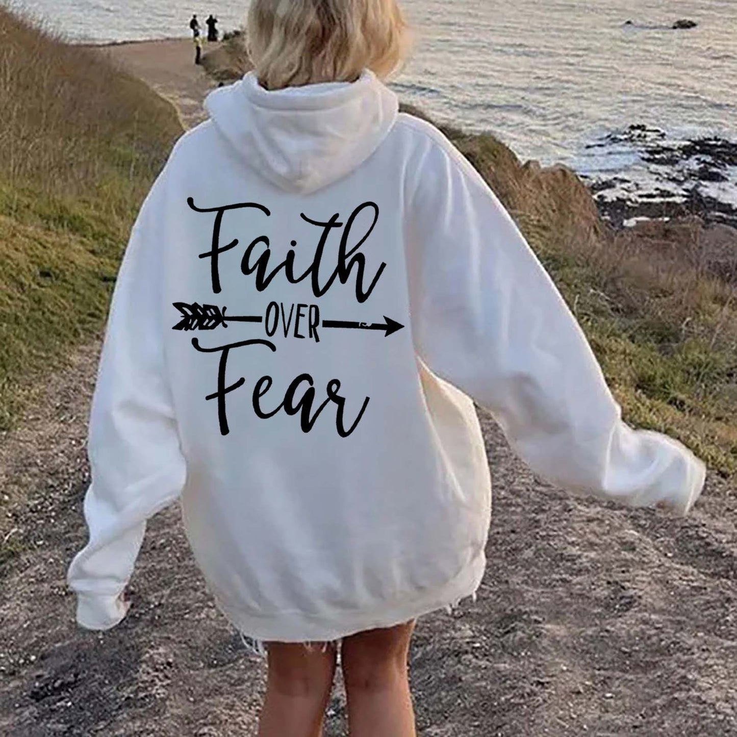 Plain Letter Printed Kangaroo Pocket Drawstring Women's Brushed Hoody